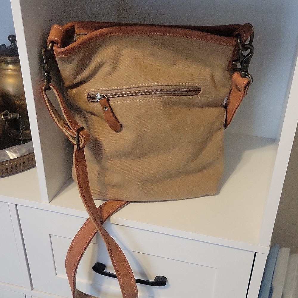 Myra Bag Cotton Vegan Leather Boho Brown Cream Crossbody Bag adjustable strap - Picture 3 of 5